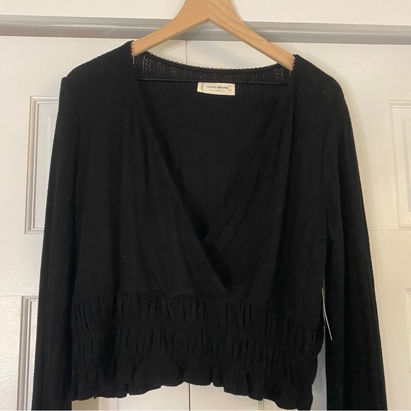 Lucky Brand black blouse with long sleeves. flattering V-neckline - Picture 2 of 5